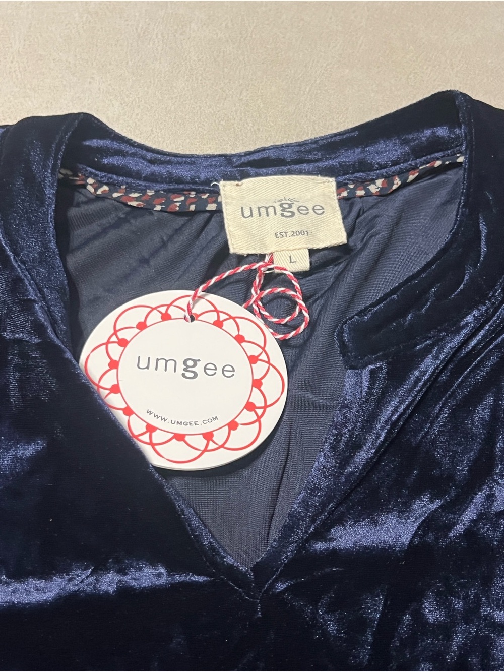 Umgee *NEW* Crushed Velvet & Lace Navy Blue Baby Doll 3/4 Sleeve Top. Size L - Picture 7 of 9